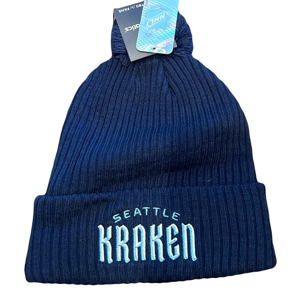 NWT Seattle Kraken Fanatics Wordmark Logo Navy Cuffed Knit Pom Beanie Hat - Picture 1 of 2